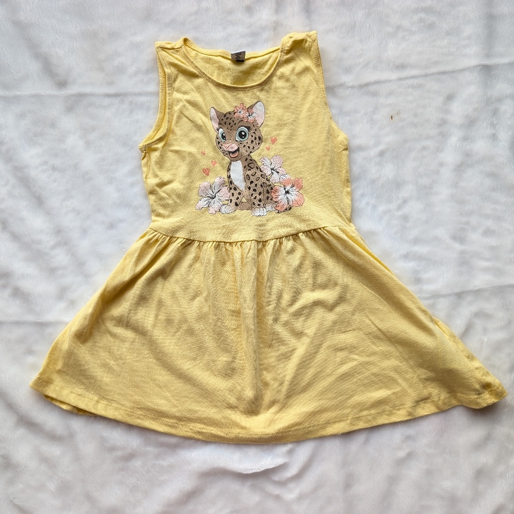 Cute Yellow Sleeveless Girls’ Dress with Cartoon Leopard Print Summer Casual 4T